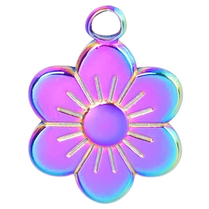 Macro detail of a 18k plated six-petal flower pendant with an iridescent metallic finish