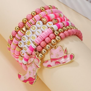 Western Cowboy Style Multi Layer Beaded Bracelet Polymer Clay Alloy Charms Pink Cowgirl Howdy Love Women Girls