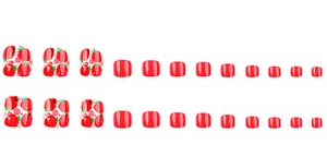 Detail view of 24pcs press-on toenails featuring red strawberry patterns and solid red finish