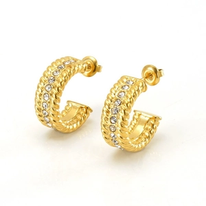C Shaped Hoop Earrings For Women 18K Gold Plated Stainless Steel Twisted Rope Texture Geometric Zircon Inlay Vintage