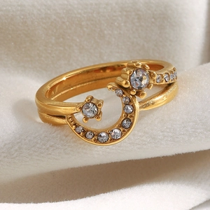 18K gold plated stainless steel moon and star ring with sparkling white zircons