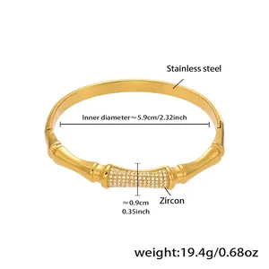 Detail view of 18k gold bamboo bangle with sparkling zircon inlay measurements