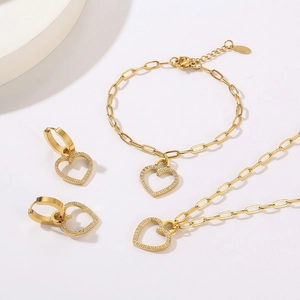 Stainless Steel Heart Jewelry For Women Shiny Rhinestone Necklace Hollow Earrings Bracelet Fashion Jewelry Collection