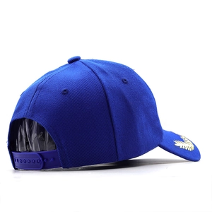 Detail view of the gold wheat embroidery and adjustable snapback on navy blue baseball cap