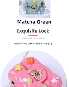 Detail view of mini jelly bag with heart-shaped metal lock and colorful cartoon charms