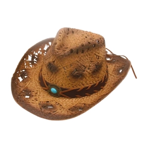 Brown straw cowboy hat with turquoise stone and hollow patterns for sun protection