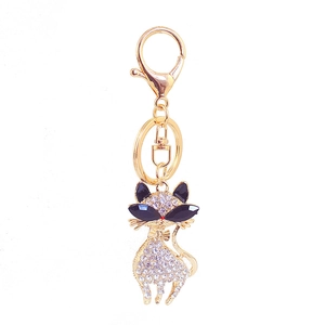 Sparkling cat keychain with crystal rhinestones and golden metal bow for handbags