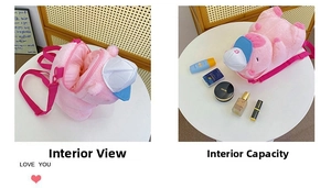 Detail view of pink plush pig cartoon backpack interior showing storage for cosmetics