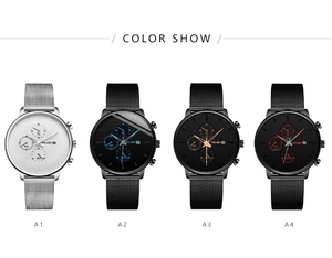 Detailed view of fashion men's quartz watches with Milanese mesh straps in 4 colors