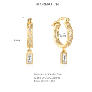 Detail view of gold S925 sterling silver square earrings with AAAAA cubic zirconia