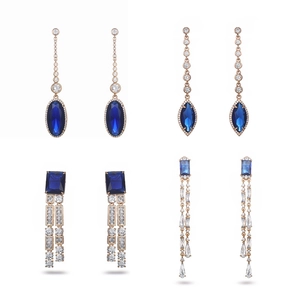 Luxury rose gold earrings set with deep blue geometric zircon stones and crystals