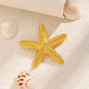 Macro view of gold starfish brooch with realistic textured surface on sandy beach background
