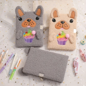 Cute plush dog A5 notebook with lock in grey and beige colors for children