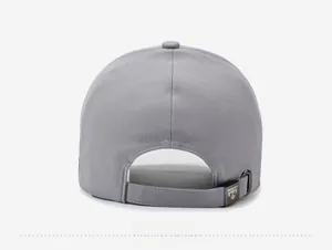 Detail view of the back of a dark grey baseball cap with adjustable metal slider buckle