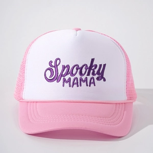 Pink and white mesh trucker hat with Spooky MAMA 3D embroidery on the front panel
