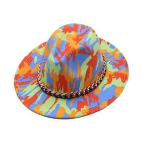 Overhead shot of multi-color graffiti wool felt jazz hat with braided metal chain detail