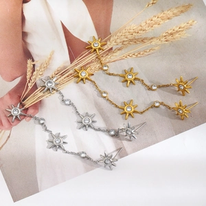 Detail of elegant 18K gold starburst tassel earrings featuring sparkling cubic zirconia