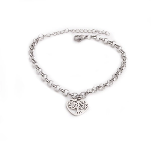 Minimalist silver steel chain bracelet featuring a hollow Tree of Life heart pendant