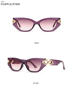 Detail of purple cat eye sunglasses featuring gradient lenses and gold diamond metal hardware