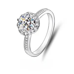 Detailed macro view of S925 silver halo ring with round brilliant cut moissanite stone