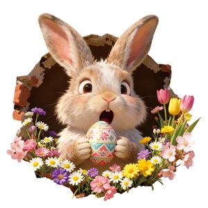 3D Easter bunny wall sticker with colorful egg and floral decor through a brick wall hole