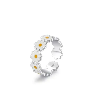 S925 Sterling Silver daisy open ring with white enamel petals and yellow center detail