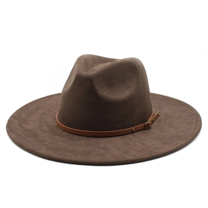 Brown faux suede wide brim fedora hat with elegant decorative leather band and metal buckle