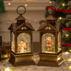 Vintage Weihnachtslaterne mit Weihnachtsmann und Schneemann Motiv und warmer LED-Beleuchtung
