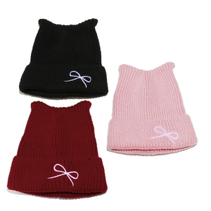 Cat Ear Beanie Hat Acrylic Knit With Bow Embroidery Warm Winter Cute Fashion Headwear For Women
