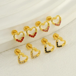 Detail of heart stud earrings with colorful rhinestones and secure threaded screw backs