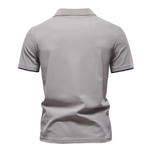 Back view of gray short sleeve polo shirt showing premium pique cotton fabric texture