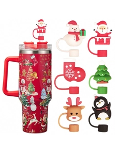 Detailed set of 6 Christmas silicone straw covers with festive tumbler for holiday parties