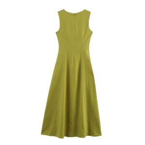 Back view of olive green sleeveless dress featuring a hidden zipper and linen texture