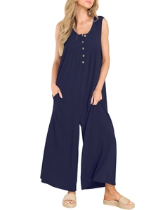 Detail of navy blue sleeveless jumpsuit featuring ribbed knit texture and side pockets