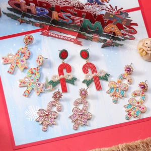 Christmas candy cane earrings set with colorful beads, rhinestones and faux pearls