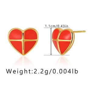 Detail of red heart enamel studs with gold cross pattern and size measurements