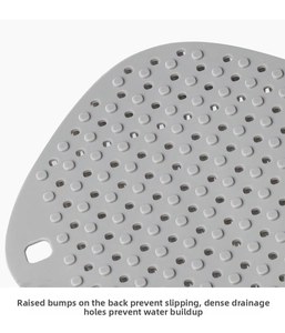 Detail of gray silicone kitchen mat with non-slip bumps and dense drainage holes