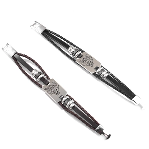 Braided leather wolf head bracelets for men in black and brown with stainless steel clasps