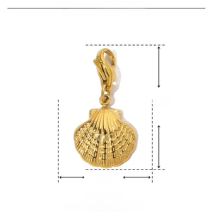 Detailed view of a gold shell pendant with dimensions 25x12mm made of stainless steel