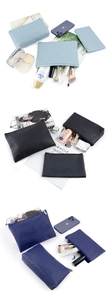 Detail of PU leather cosmetic bags in blue and black with textured finish and storage view