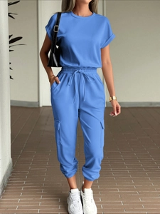 Women casual blue two-piece set featuring short sleeve top and cargo pants with drawstring