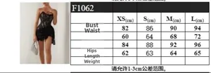 Detailed size chart for lace tube mini dress showing XS to L chest and waist measurements