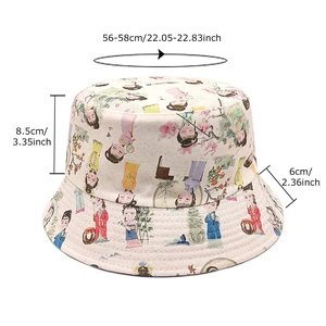 Cartoon ancient lady pattern bucket hat in beige with 56-58cm head circumference size info