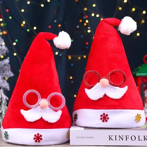 Velvet Santa hats with glasses and beard, festive holiday headwear for Christmas party