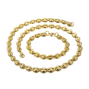 Minimalist gold coffee bean link necklace and bracelet set in polished stainless steel
