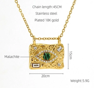 Detailed specs of stainless steel necklace with 18K gold malachite eye pendant