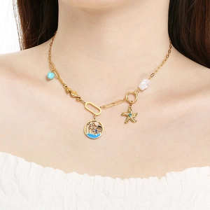 Marine theme stainless steel necklace with seahorse, starfish and pearl charms for women