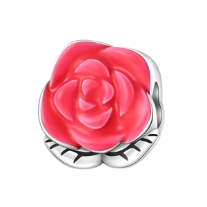 Pink enamel rose flower charm bead in silver plating for DIY jewelry bracelets
