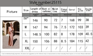 Size chart for V-neck satin fishtail dress including bust, waist, and length measurements