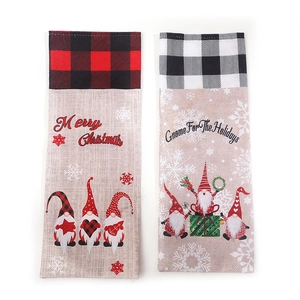 Gnome Christmas wine bottle covers with red plaid and burlap fabric set of two